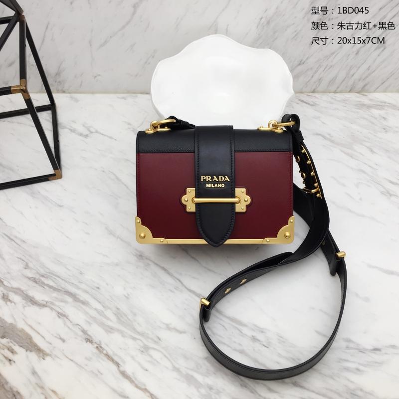 Prada 1BD045 Plain pattern color matching gold buckle wine red and black